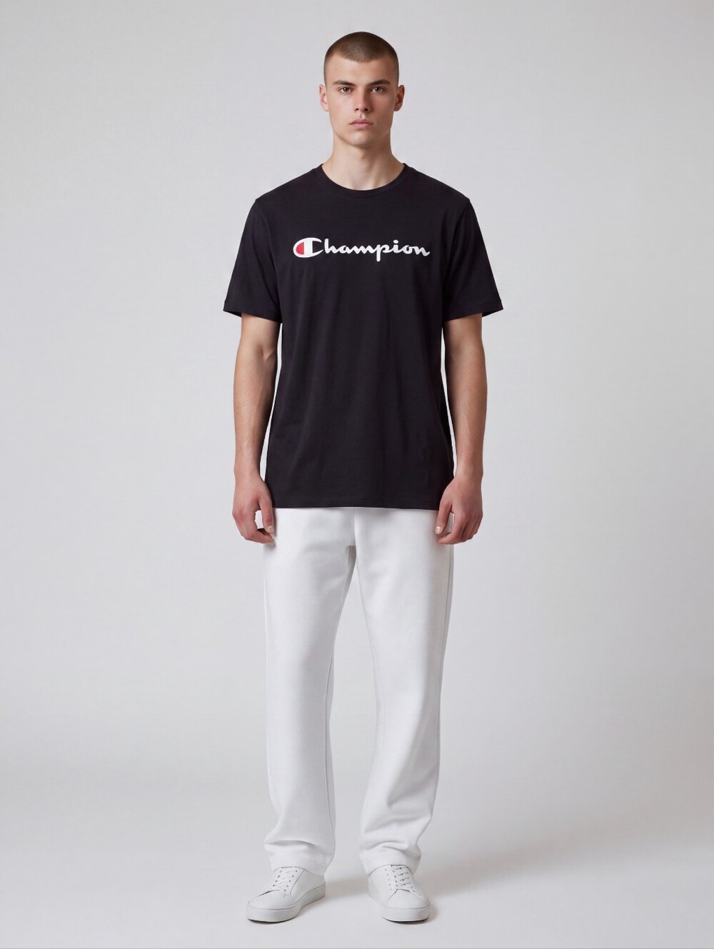 Vintage Champion Black Short Sleeve Logo Tee with White Script and Red Accent